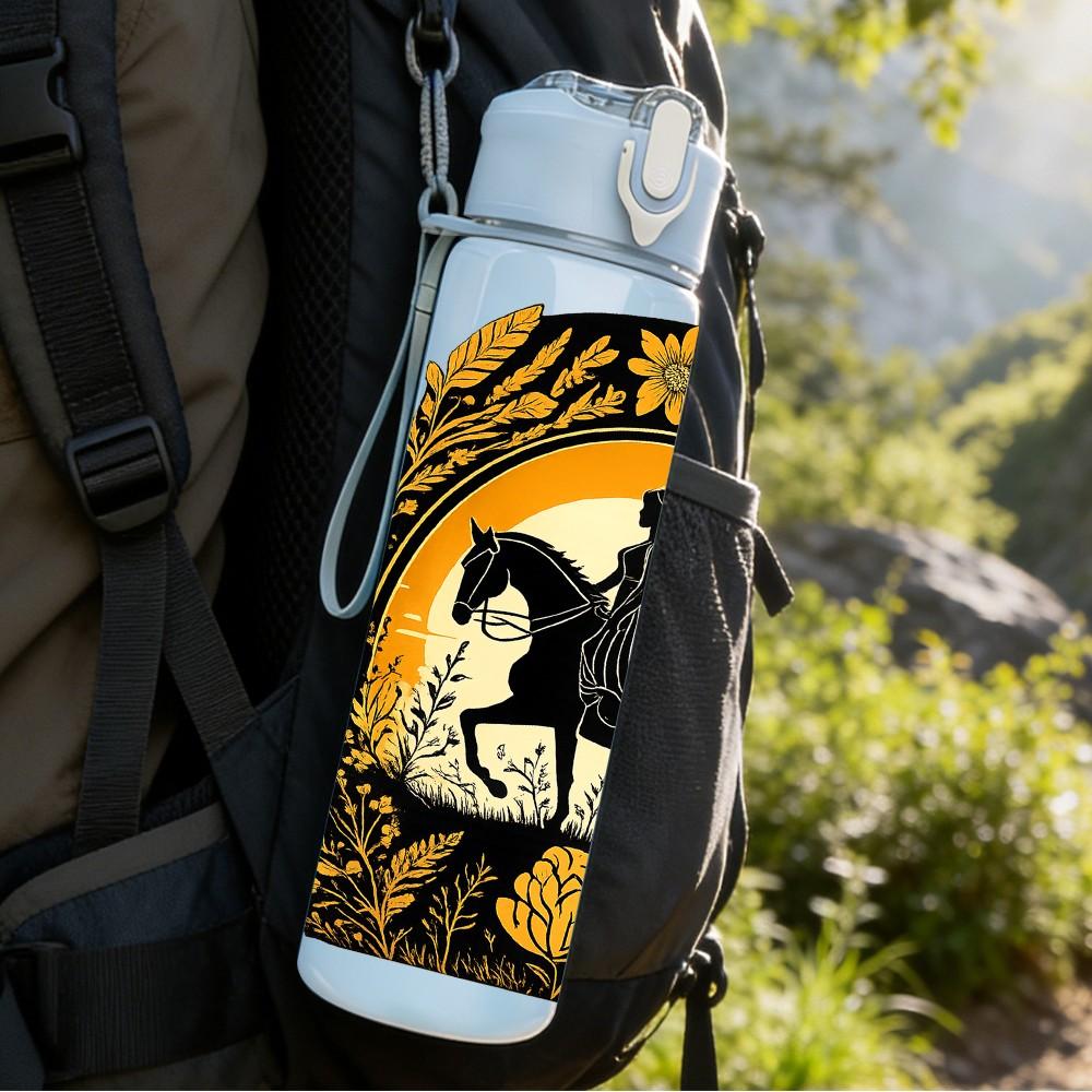 1PC Cowboy Horse Vintage Badge Print 750ml Color Plastic Sports Water Bottle Leakproof Flip Straw Lid Suitable for Sports Office Home Use