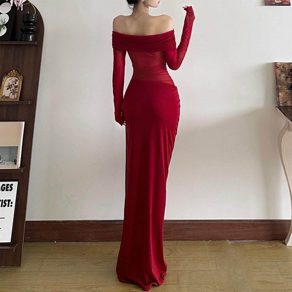 Женское сексуальное сетчатое прозрачное длинное платье на одно плечо