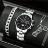 3pcs/set, 1pc Fashion Men's Casual Sports Stainless Steel Strap Quartz Watch & 1pc Men's Bracelet & 1pc Men's Necklace