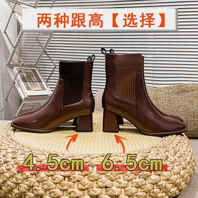 Вязаные эластичные ботильоны на высоком каблуке, женские одинарные ботинки, новые тонкие ботинки на толстом каблуке, средней длины голенище, модные ботинки
