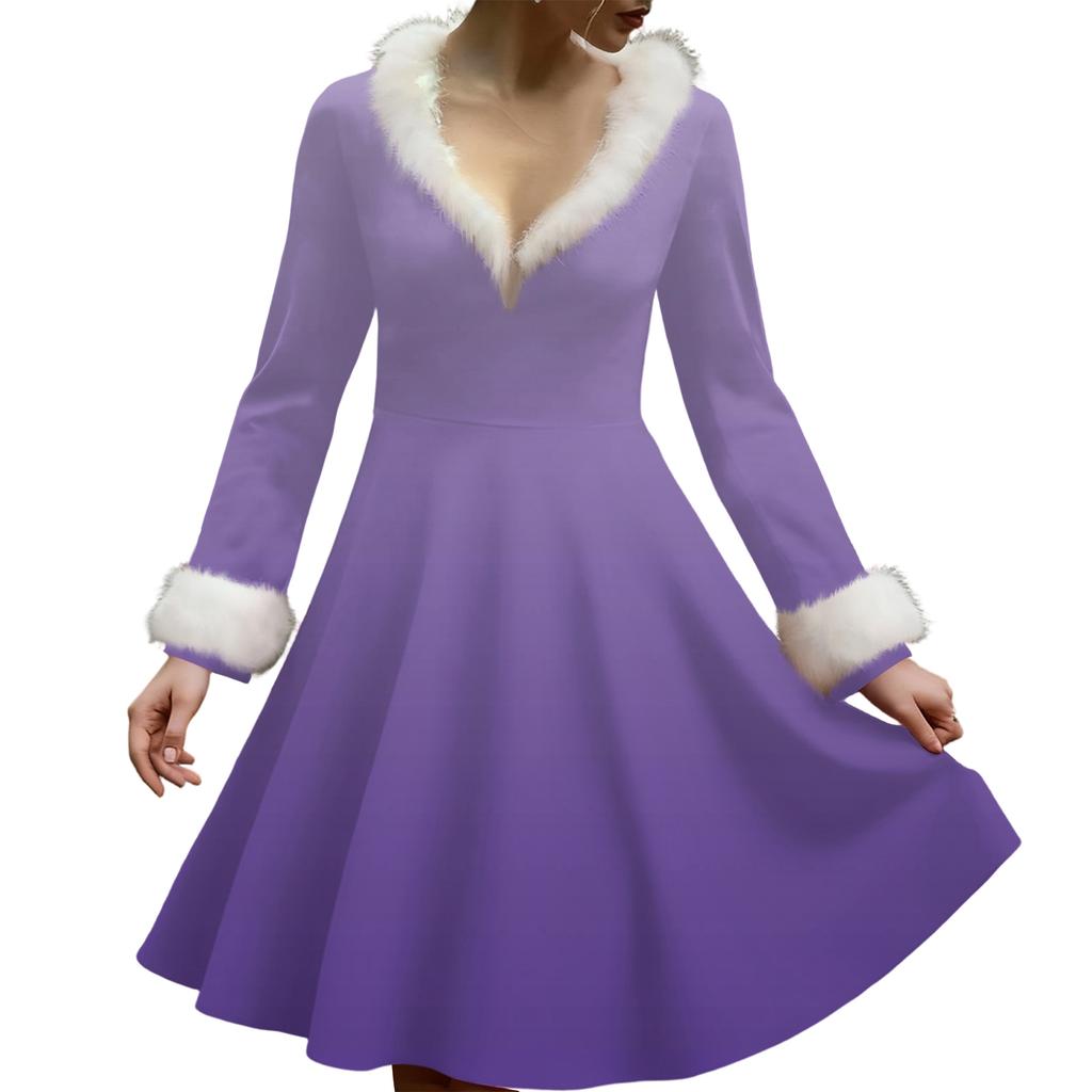 Женское повседневное платье с V-образным вырезом, рождественским принтом, плюшевыми длинными рукавами