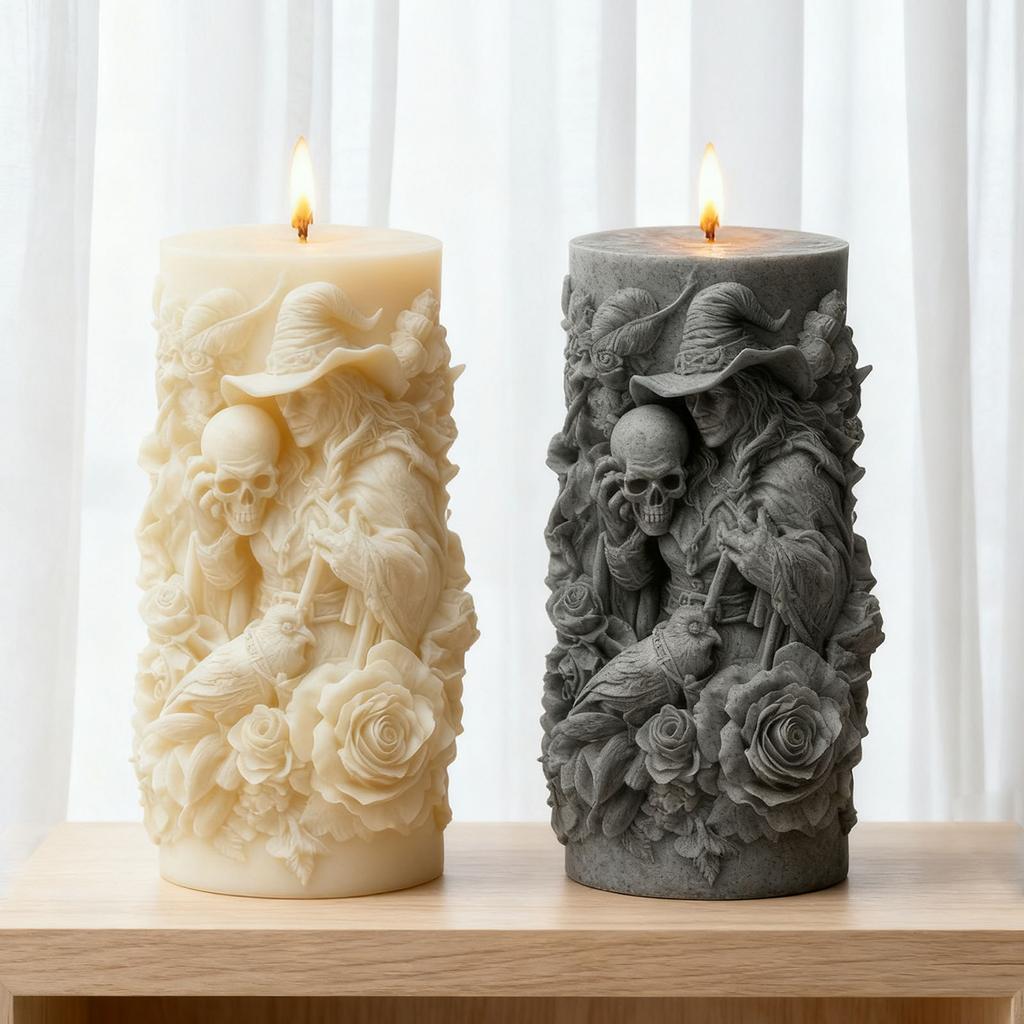 Форма для свечей с рельефом "Роза и Череп Волшебника" - Ароматическая свеча в темной тематике - Декор для дома, Демонстрирующий готическую эстетику