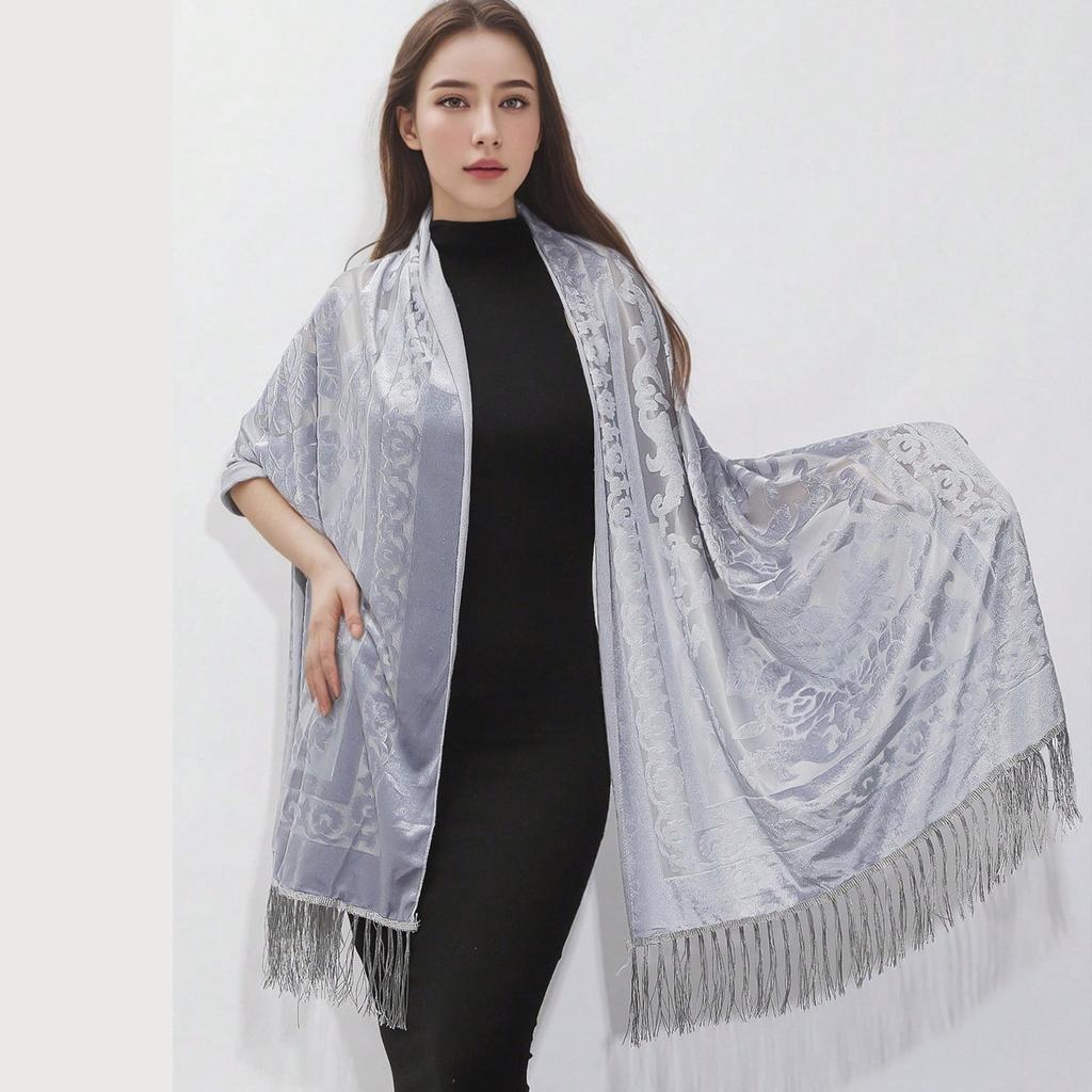 New National Style Elegant Velvet Cheongsam Shawl Versatile Long Tassel Scarf Warm Air Conditioning Shawl