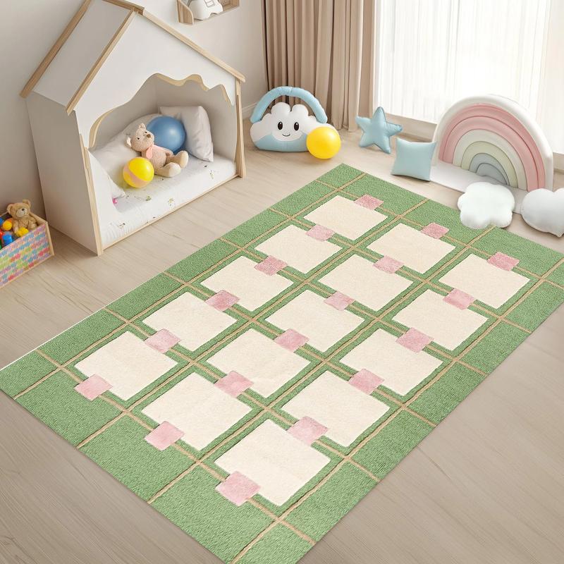 Boho Checkered Kids Area Rug Green Pink Geometric Print NonSlip Floor Mat for Playroom Nursery Living Room Cute Home Decor