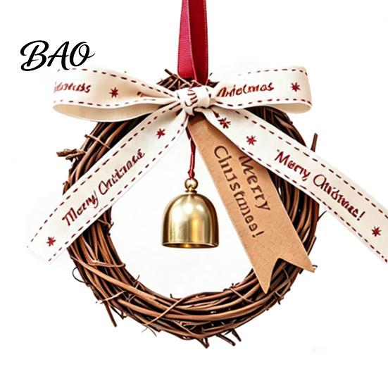Winter Holiday Hanging Items Christmas Bell Rattan Wreath Ornament, Rustic Door Handle Wind Gift Tags For Presents Chime Decor with Ribbon Bow,