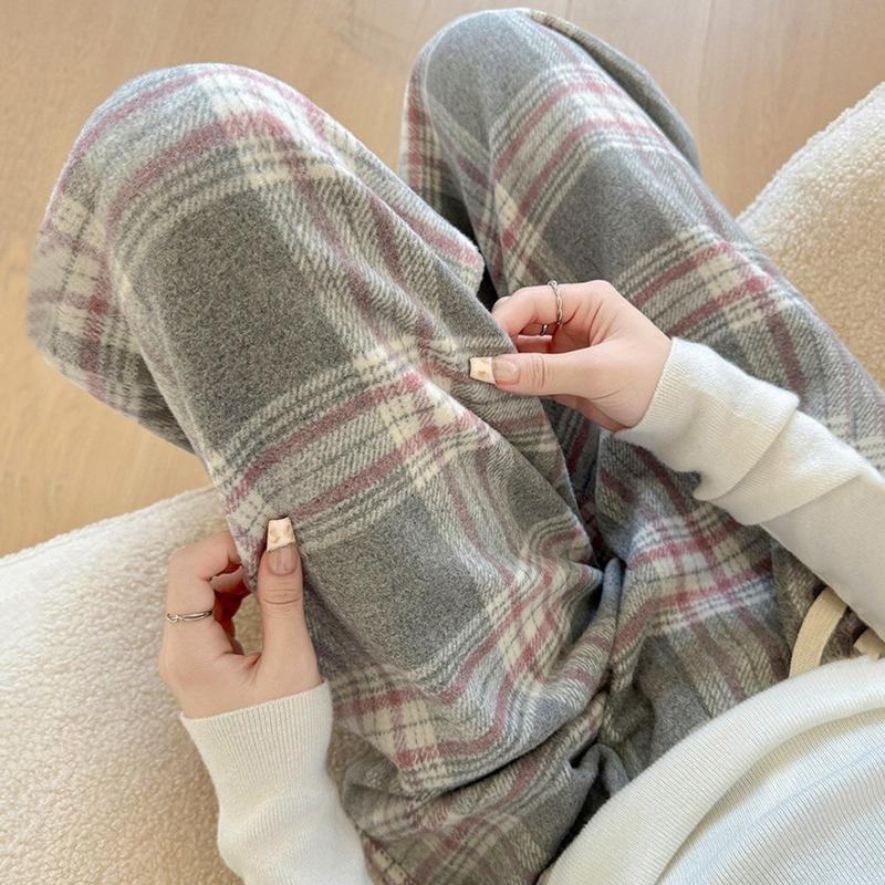 Осень Зима Свободные Повседневные Вельветовые Эластичная Талия Клетчатый Принт Брюки с Широкими Штанинами Женские На Все Случаи Жизни Прямые Брюки