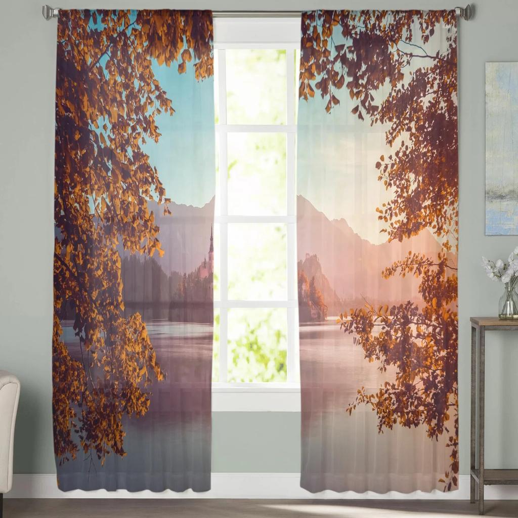 Castle Mountain Leaves Sky Tulle Curtains Balcony Room Fashion Printed Sheer Curtain Living Room Window Modern Decor