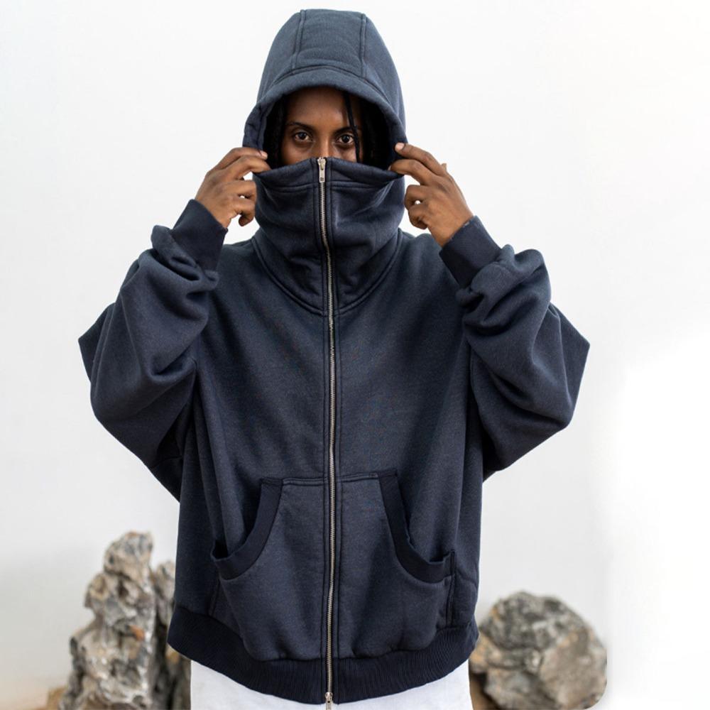 Men's Cross Border New American High Neck Face Protection Hoodie Black Basic Heavy Duty Zipper Cardigan