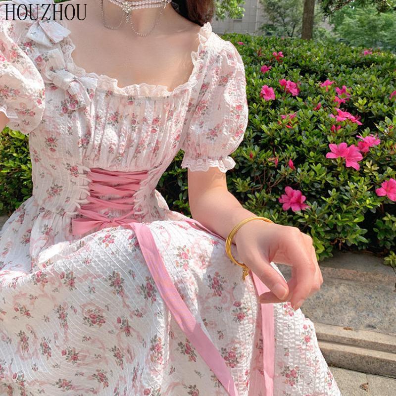 HOUZHOU Платье миди с цветочным принтом для девочек с квадратным воротником и короткими рукавами, корейское милое кавайное элегантное шикарное платье феи