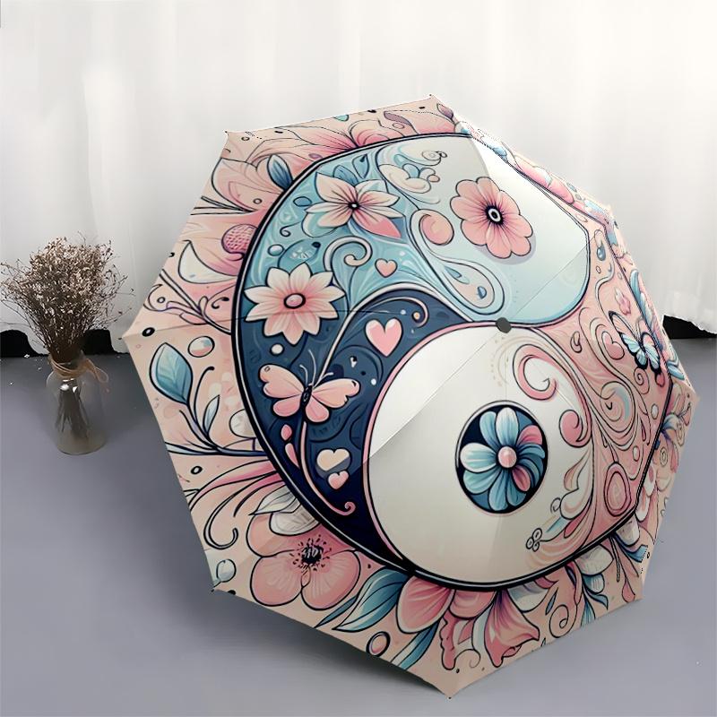 1pc Pink Yin Yang Flower Automatic Opening and Closing Cartoon Practical Umbrella - Small Umbrella Suitable for Various Occasions A064