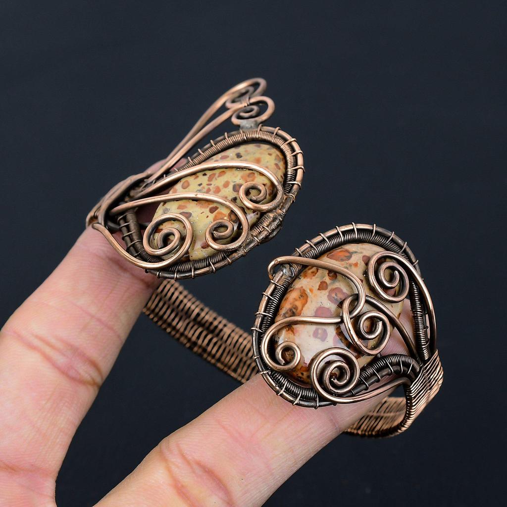 Леопардовый яшмар, драгоценный камень, чистая медная проволока, завернутая в манжеты/браслет ручной работы, ювелирные изделия