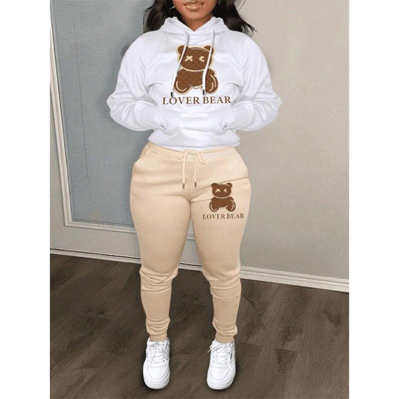 Lw Lovely Bear Letter Print Kangaroo Pocket Tracksuit Set Long Sleeve Hoodie+drawstring Trousers Women Two Pieces Matching Suits