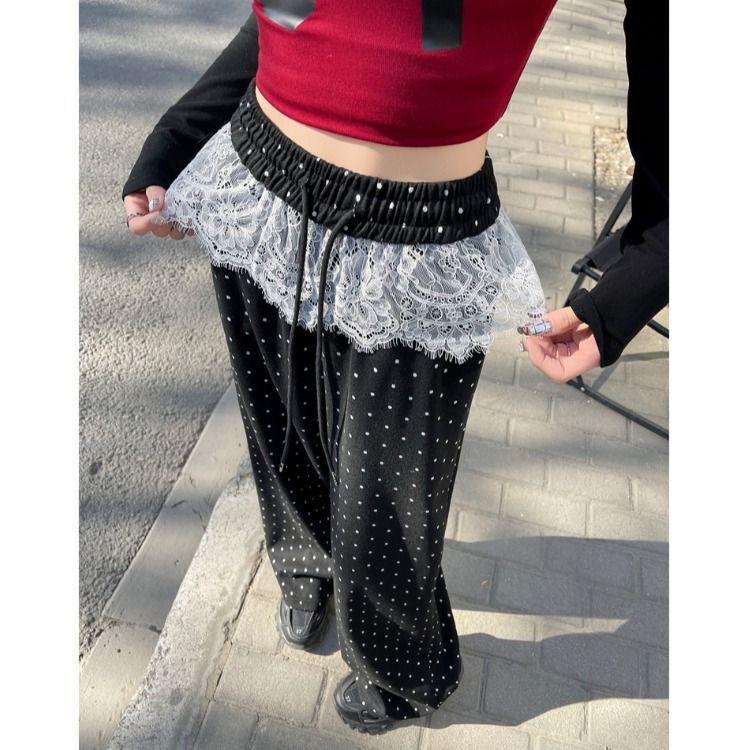 Женские брюки с кружевной вставкой в горошек с широкими штанинами до пола – Весенне-летняя нишевая модель, Повседневные свободные брюки прямого кроя