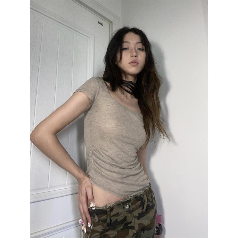 Grunge Aesthetics Knitted Tops Vintage Tattoo Print Tee Shirt Wasteland Punk Irregular T-shirt Gothic Alt Streetwear Y2k