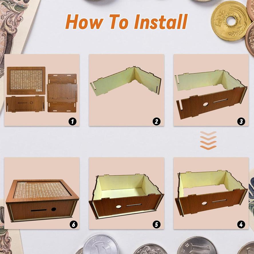 Reusable Wooden Piggy Bank Coin Box with Money Goal and Numbers Storage Home Decoration Painted Design