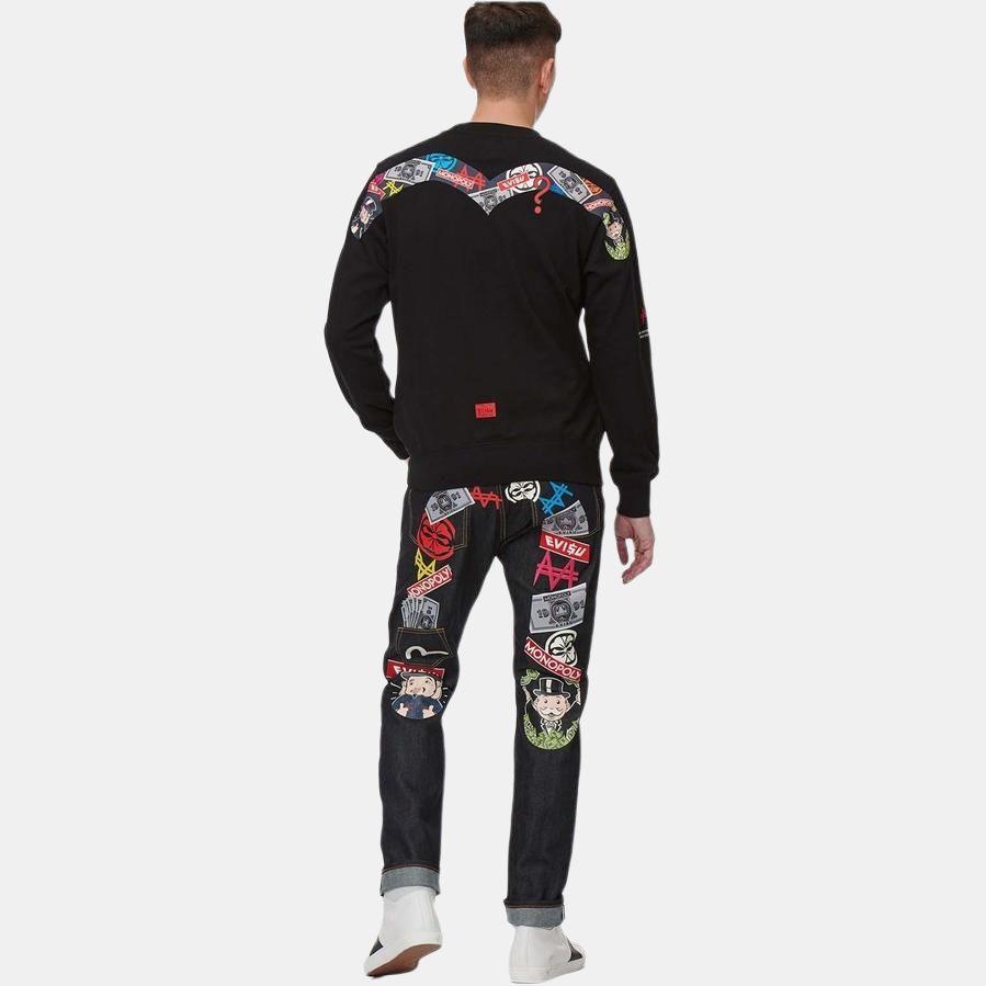 Evisu Свитшот с принтом в виде мультяшного узора и логотипа, круглый вырез, унисекс, черный, 2ESMOM2SW450XXCT