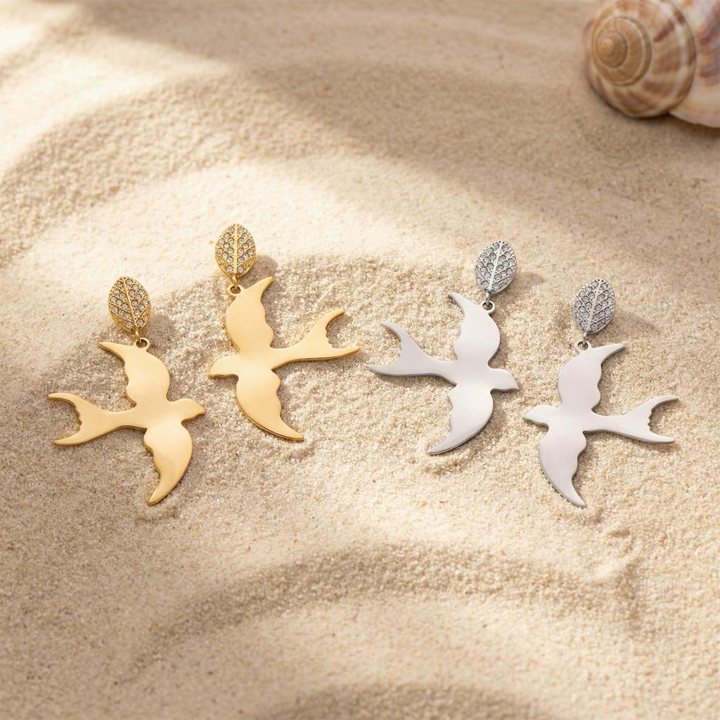 Stainless steel swallow-shaped earrings, 18K gold zircon leaf drop earrings for women, unique design and personalized earrings