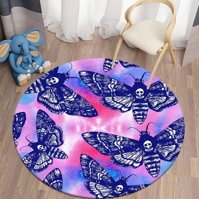 Death Moth Round Carpet Gothic Skull Round Floor Mat Butterfly Moon Living Room Carpets Bathroom Kitchen Area Rug Doormat Decor