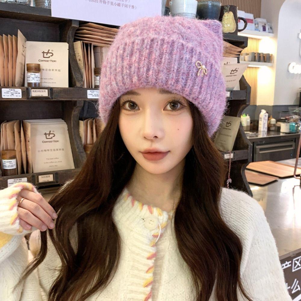 Japanese Style Woolen Knitted Hat Solid Color Women Beanie Hat Cat Ears Pullover Hat Girls
