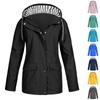 Women Solid Stripe Rain Jacket Outdoor Plus Waterproof Hooded Raincoat Windproof