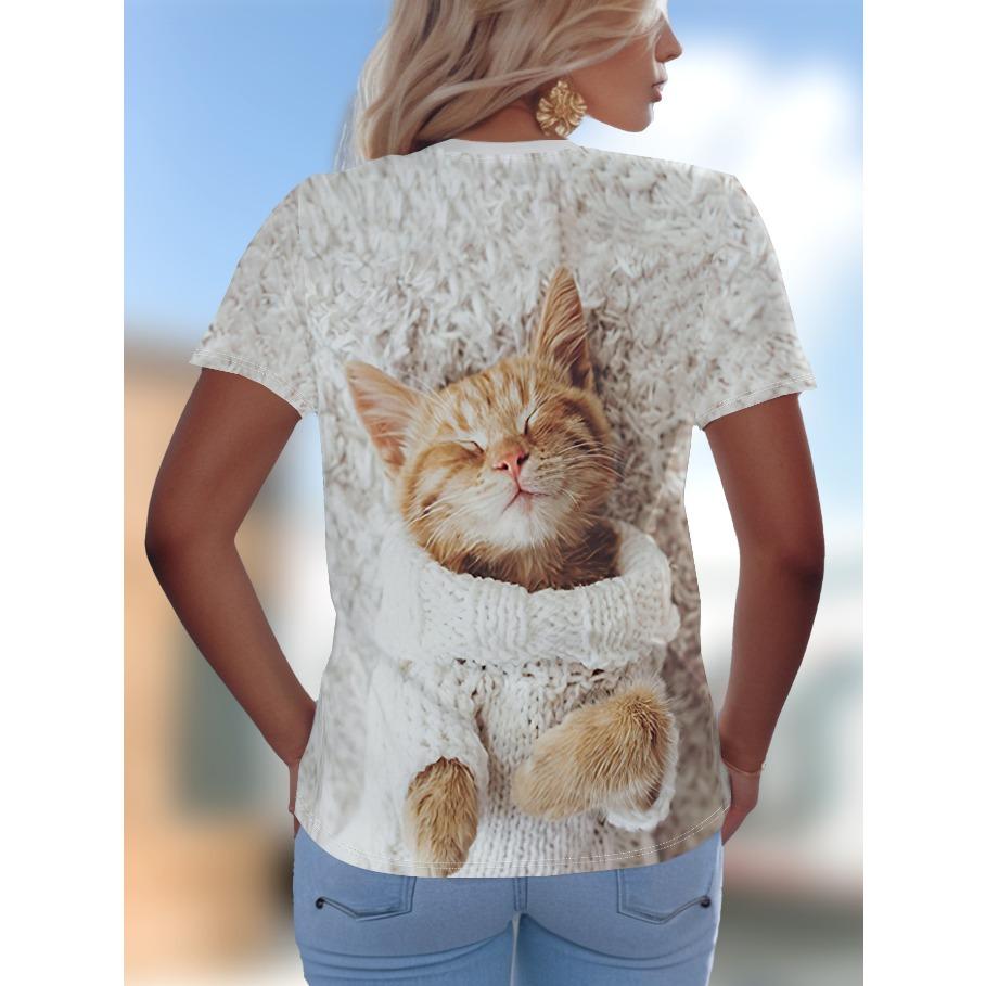 Футболки женские с коротким рукавом 3D принтованный топ праздничный анималистичный узор выходные базовая футболка с V-образным вырезом летняя