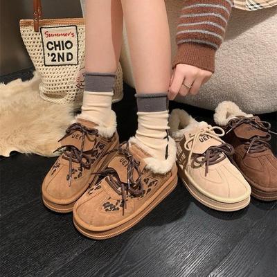 Ретро леопардовый принт толстая подошва бархатные теплые нравственные тренировочные туфли женские зима 2025 новые круглый носок шнуровка повседневные кеды