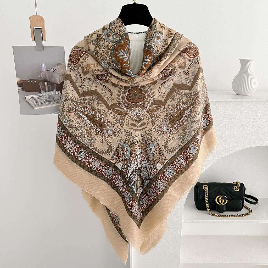 Ethnic style cashew flower scarf women's summer new sunscreen square scarf travel photo silk scarf air conditioner shawl outside the room