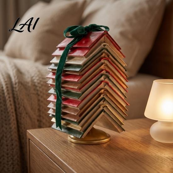 Sophisticated Velvet Bow Book Decor Stacked Christmas Tree Tabletop Decor Resin Page Ornament for Home Bookshelf Holidays Office Desk Rustic Holiday