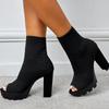 High Heel 12cm Autumn Winter Chunky Platform Boots Punk Style Peep Toe Knitting Stretch Fabric Socks Shoes Women Square High Heels Black Brown