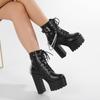 Women's PU Leather High Heel Platform Ankle Boots Fashion Chain Stylish Gothic Punk Lace-Up Chunky Heel Booties with Zip