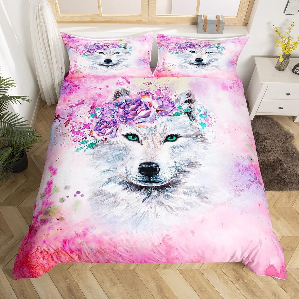 Wolf Warm Comforter Cover King Quen,Safari Animal Beding Set for Young Boys Adult Peoples Wild Wolves Soft Duvet Cover Smoky Mountain Comfortable