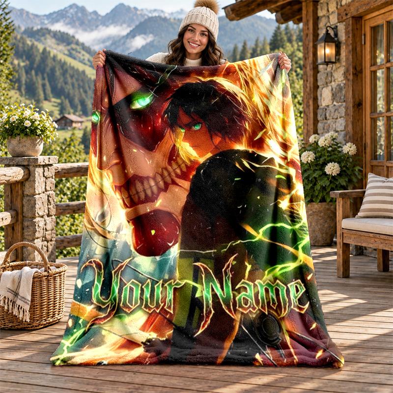 Attack on Titan Custom Name Flannel Blanket Personalized Soft Warm Plush Throw Blanket Customized Gift for Family Friends