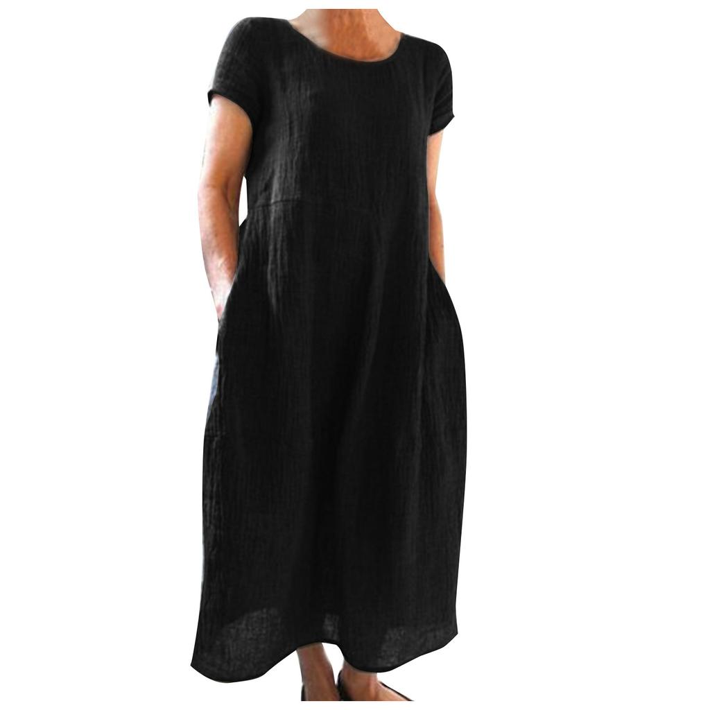O Neck Sleeveless Loose Cotton Linen Pocket Long Dress Solid Color Women