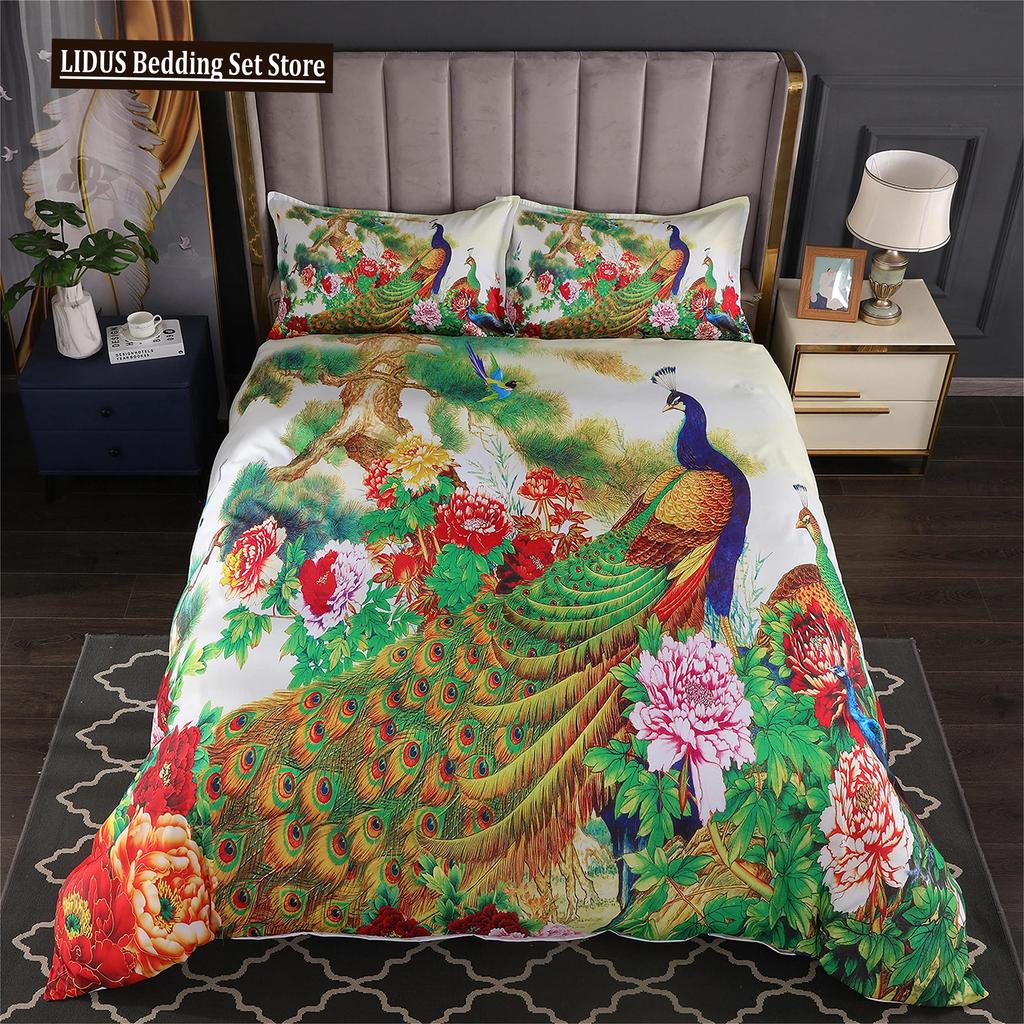 Two Peacock Duvet Cover Set Flowers Comforter Cover With Pillowcase King Queen Twin Size For Kids Boys Girls Women Bedding Set