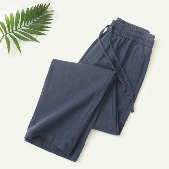 Men Long Pants Adjustable Drawstring Elastic Waist Casual Trousers with Pockets Solid Color Versatile Casual Wear