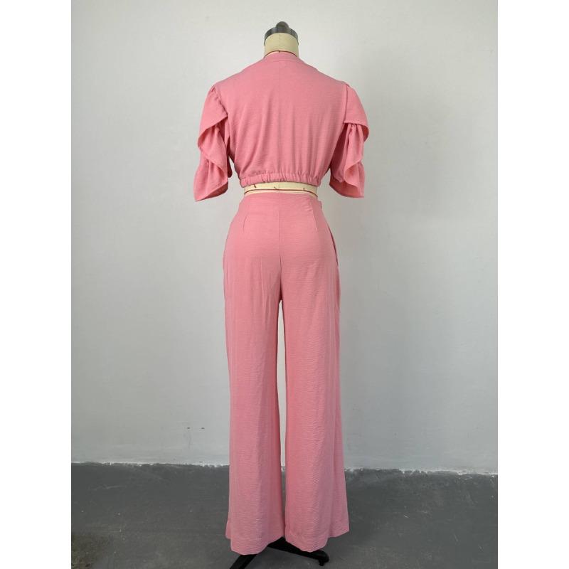 Женский летний повседневный костюм с v-образным вырезом, расклешенными рукавами и шнуровкой, широкие брюки, брюки