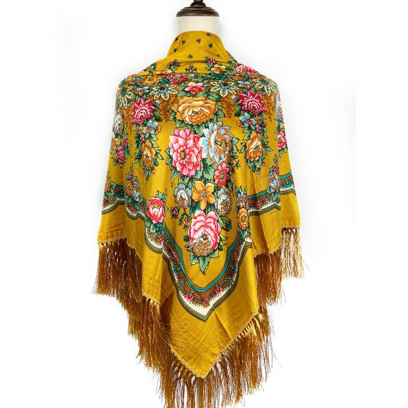 135*135Cm Russian Square Scarf Women Luxury Floral Print Bandana Handkerchief Ukrainian Fringed Shawl Babushka Hijab Head Wraps