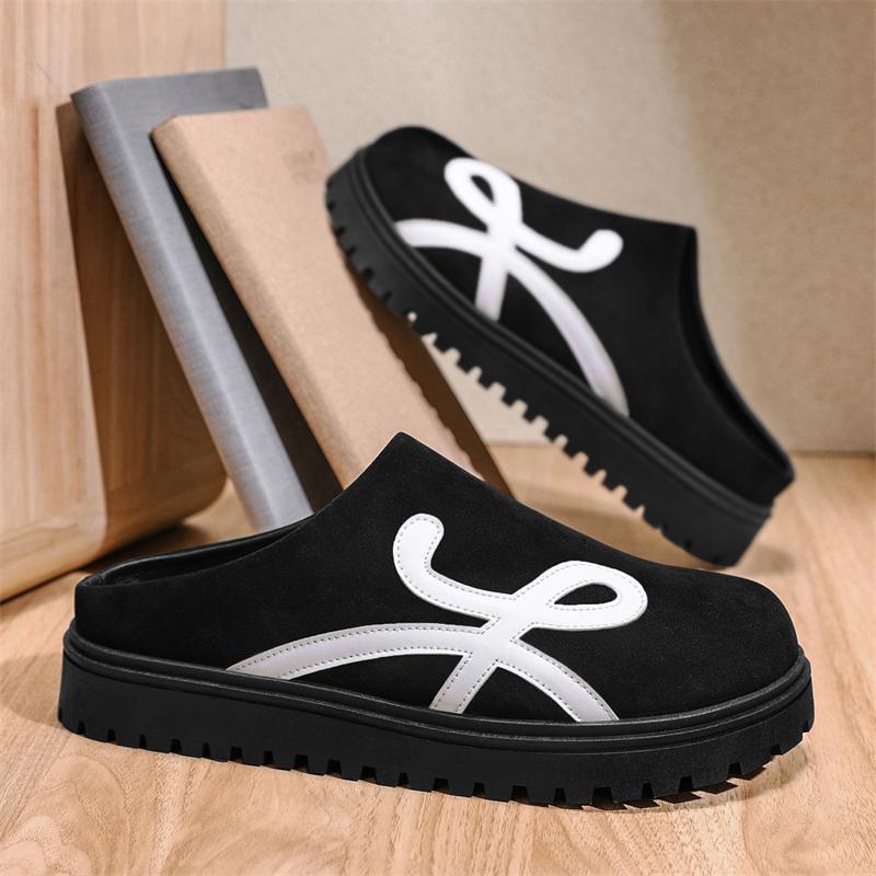 Summer New Men Half Dragged Leather Shoes PU Net Red Envelope Headless Half Dragged Leather Shoes Size 38-44 Men Slippers