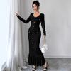 Women's Long-sleeved V-neck Black Row of Buttons Slim Fishtail Dresses