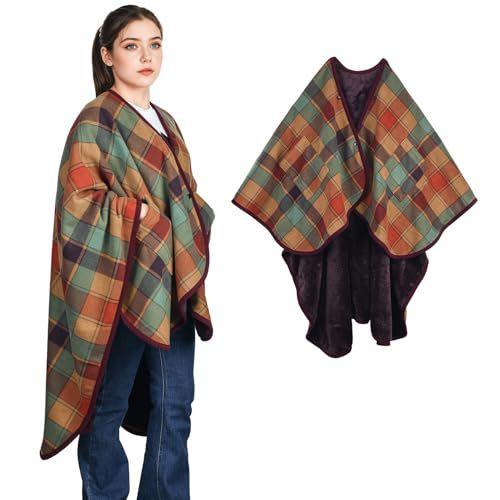 Double Sided Plaid Wearable Blanket Shawl with Pockets Warm Fleece Wrap Throw for Office Home Travel
