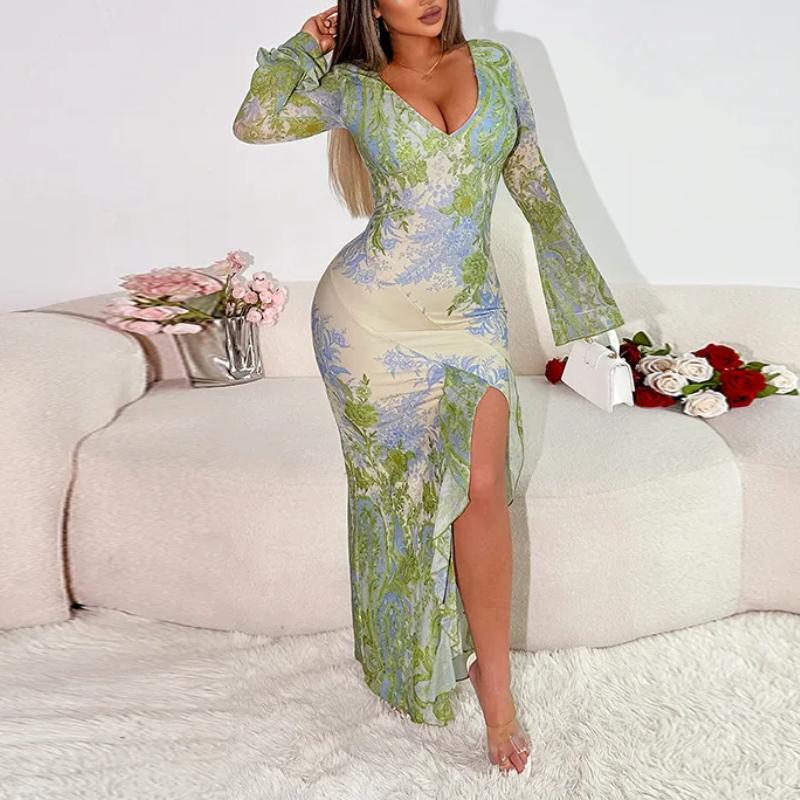 European and American V-neck Asymmetrical Printed Sexy Slim Side Split Dress