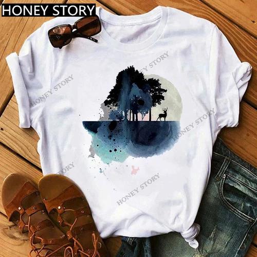 Mountain Print T-shirt Casual Harajuku T-shirt Beautiful Mountain Print Men's and Women's Trend Short Sleeve Summer polyester