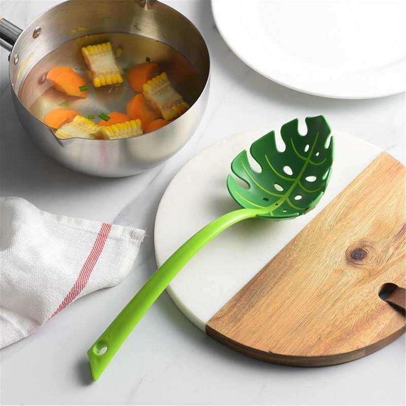 Green Leaf Spoon 2Pcs, Kitchen Noodle Spoon Filter for Spaghetti Dumpling