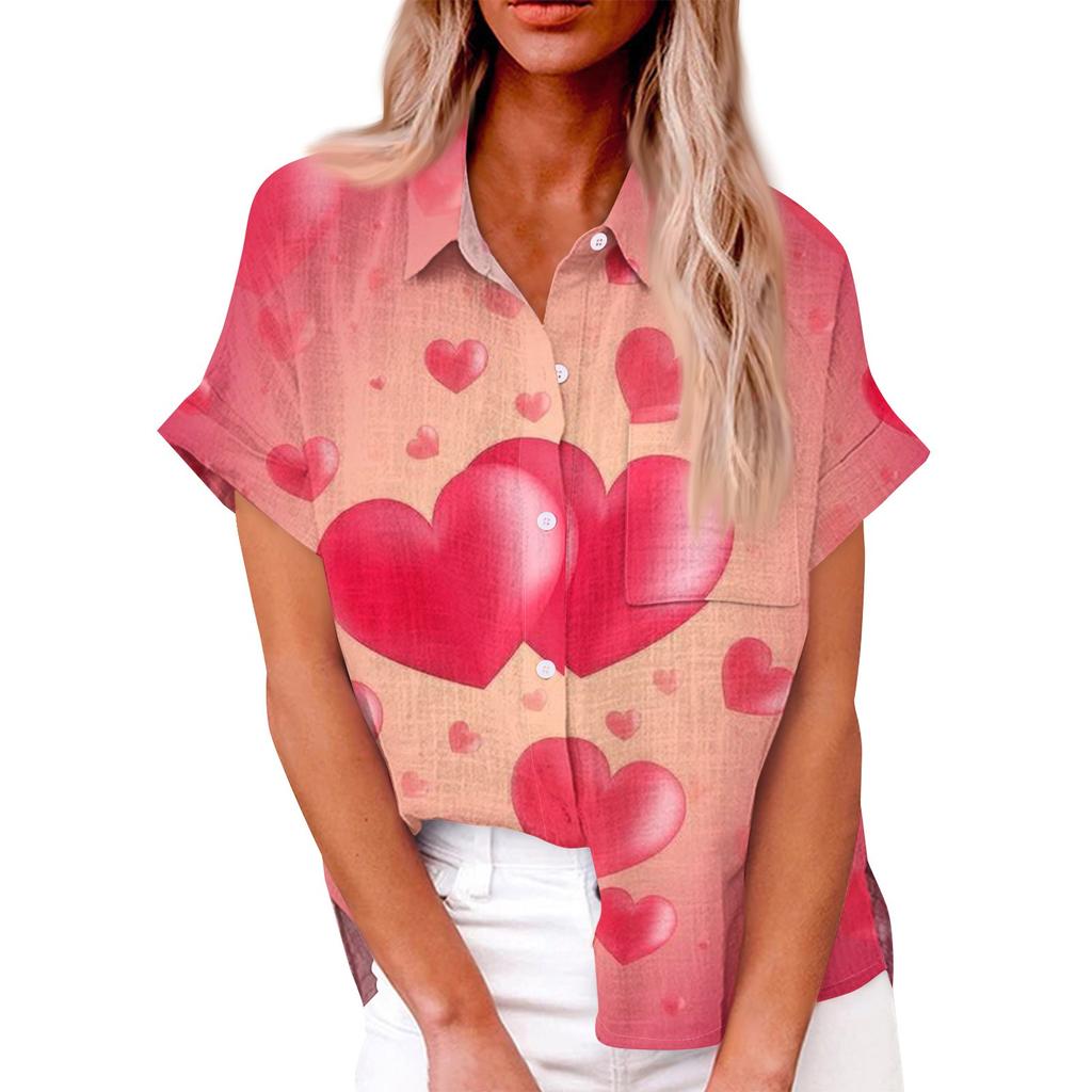 Женская свободная повседневная рубашка с короткими рукавами и отворотом с цифровым принтом и карманом
