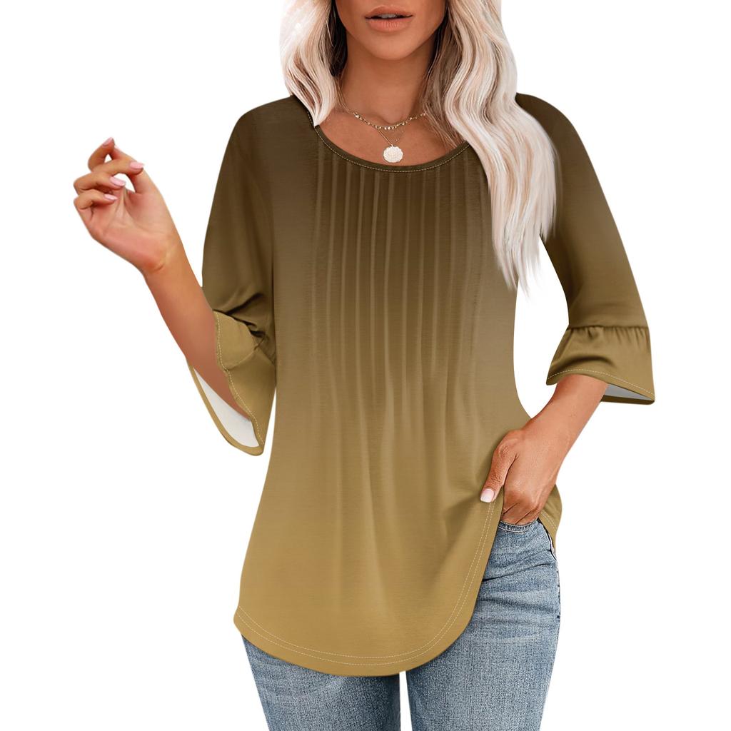 Women's 3/4 Bell Sleeve Tops O-Neck Summer Pleated Shirts Trendy Dressy Casual Loose Fit Tunic Blouses