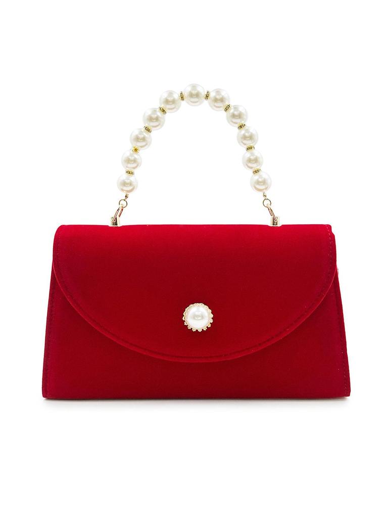 Bride's Essential Red Flannel Pearl Handbag - Retro Square Design, Fashionable Light Luxury Wedding Bag with Pearl Chain Handle