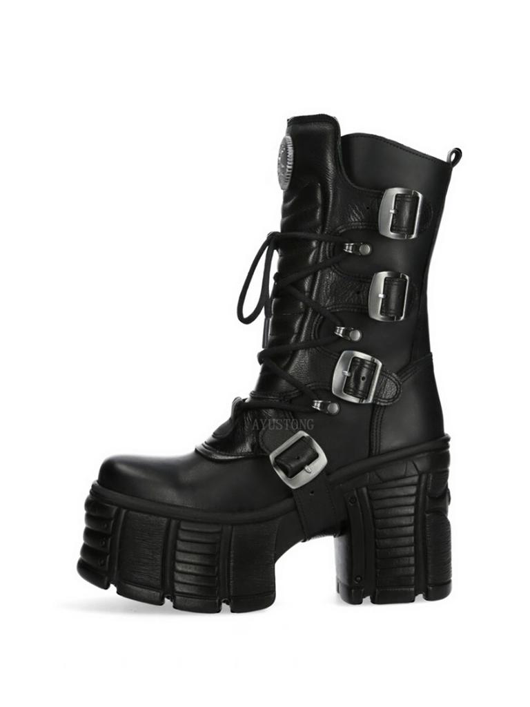 Fashion Gothic Platform Ankle Boots Spanish Rock Punk Chunky Heel Motorcycle Boots with Chains Streetwear Combat Boots for Women's