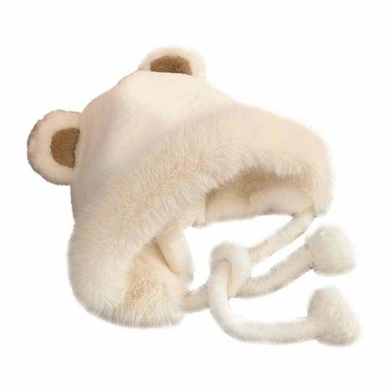 Women Plush Hat with Cute Bear Ears Soft Fuzzy Warm Thick Lace-up Windproof Strap Autumn Winter Outdoor Cycling Girls Ear Protection Cap Gift Choice