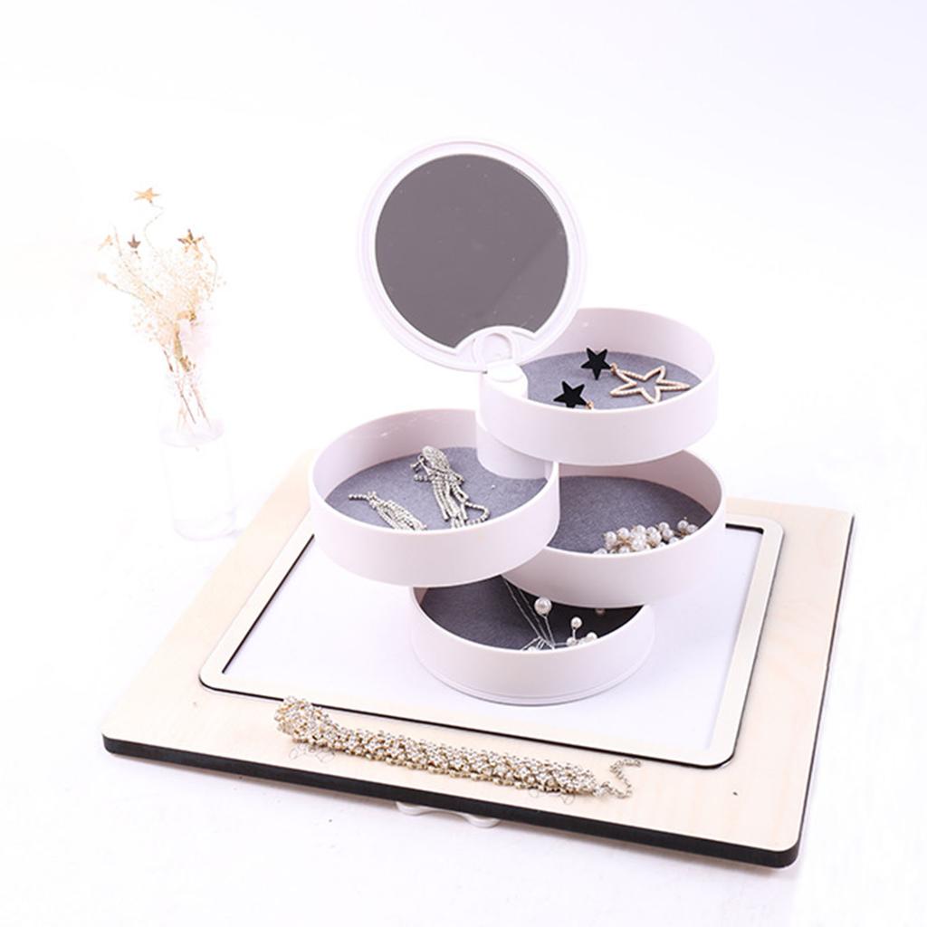 Portable Jewelry Box Travel Jewel Case 4 Layer Rotating Earring Storage Organizer with Mirror White