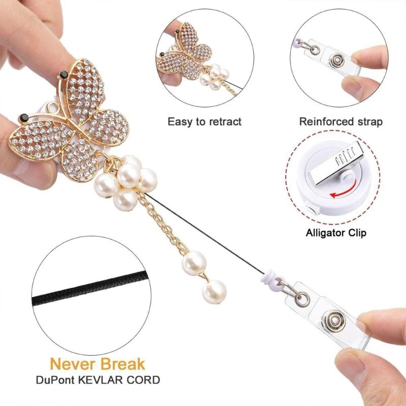 Adjustable 60cm Butterfly Bees Rhinestones Id cards Holder Secure Clip for Workplaces Professional Office Accessories